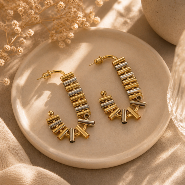 Flat lay arrangement of dual-tone gold and silver geometric hoop earrings with a silk scarf and a minimalist watch on a neutral background — House of Ruhira