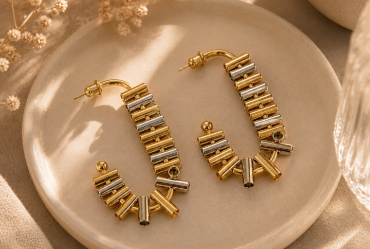 Flat lay arrangement of dual-tone gold and silver geometric hoop earrings with a silk scarf and a minimalist watch on a neutral background — House of Ruhira