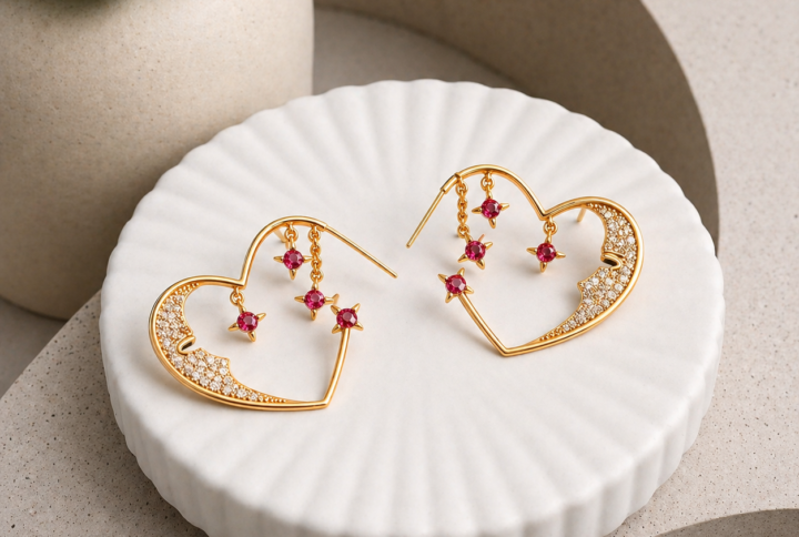 Luxury heart drop earrings in gold with ruby stones for party wear