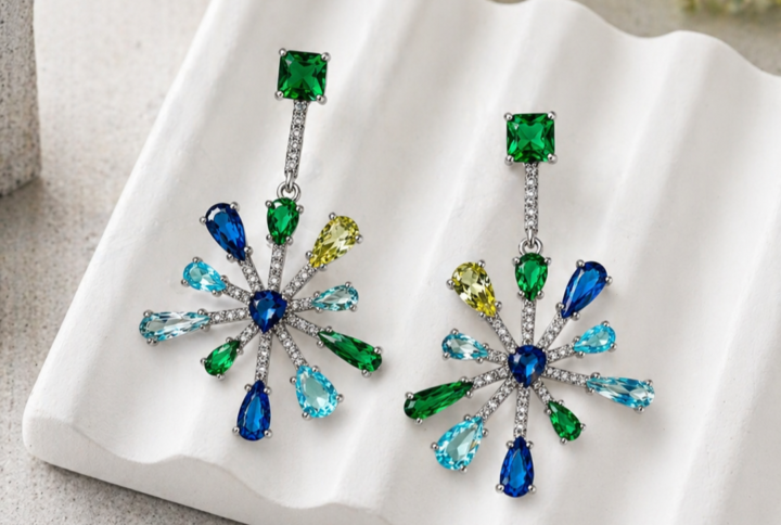 luxury multicolor stone earrings on minimal white display, high-end fashion jewellery photography