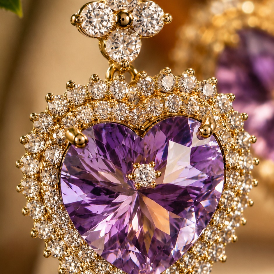 Extreme macro detail of the faceted purple heart cubic zirconia and surrounding clear stones on the drop earring — House of Ruhira