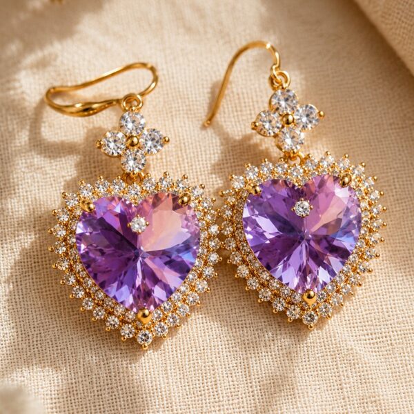 Pair of gold-plated purple heart drop earrings with clear cubic zirconia on a clean white studio background — House of Ruhira