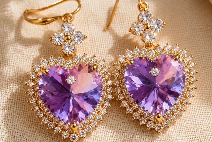 Pair of gold-plated purple heart drop earrings with clear cubic zirconia on a clean white studio background — House of Ruhira