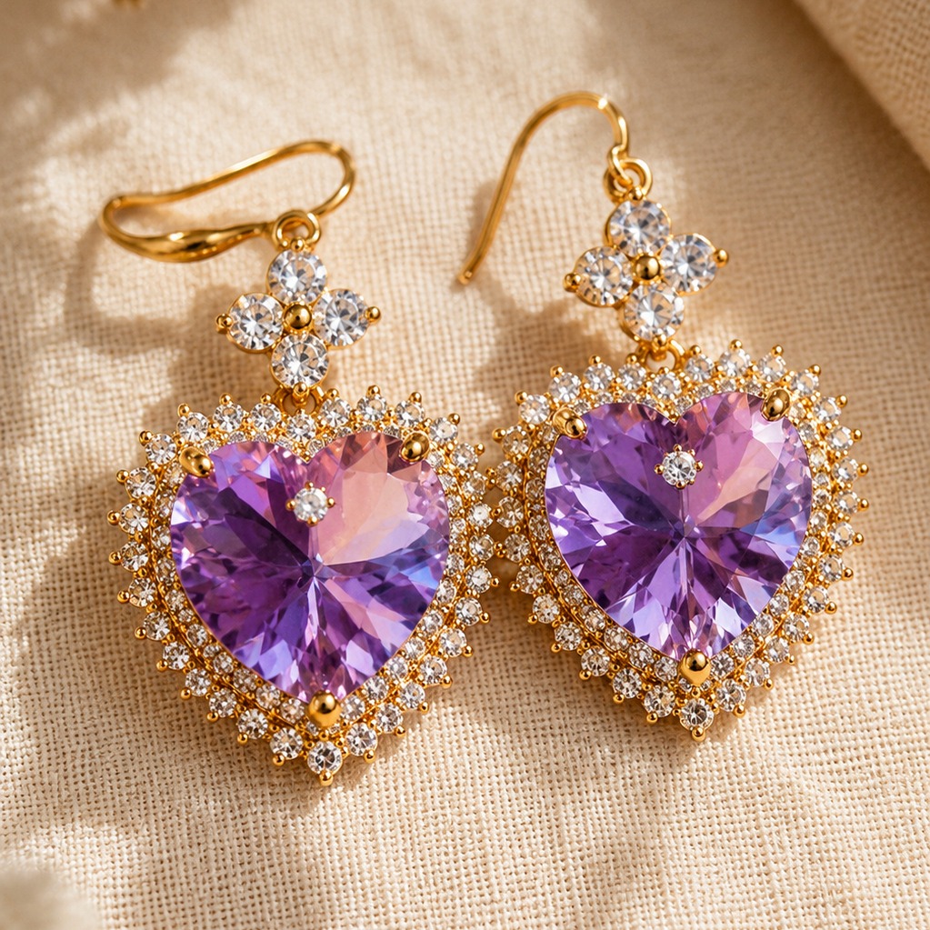 Pair of gold-plated purple heart drop earrings with clear cubic zirconia on a clean white studio background — House of Ruhira