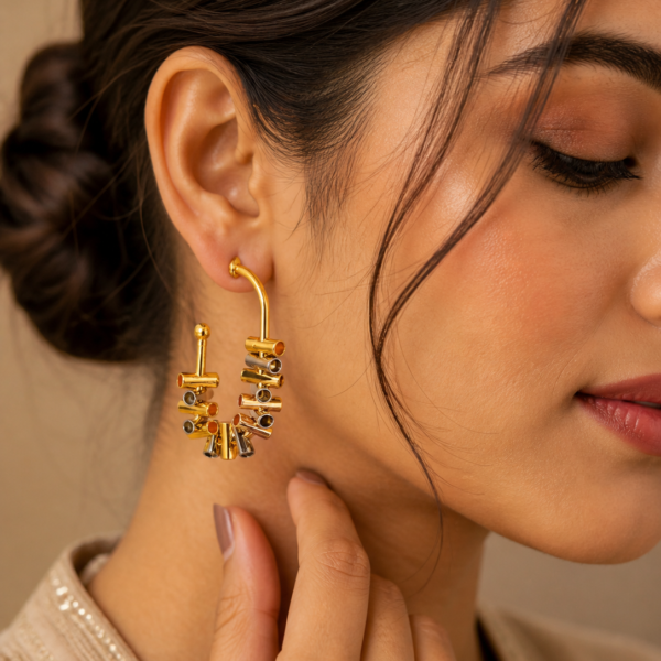 Model wearing a single dual-tone gold and silver geometric hoop earring, showcasing its size and how it frames the face — House of Ruhira