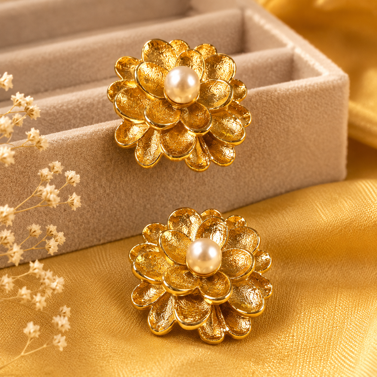 A pair of textured gold floral stud earrings with central faux pearls, elegantly arranged on a warm beige linen background — House of Ruhira