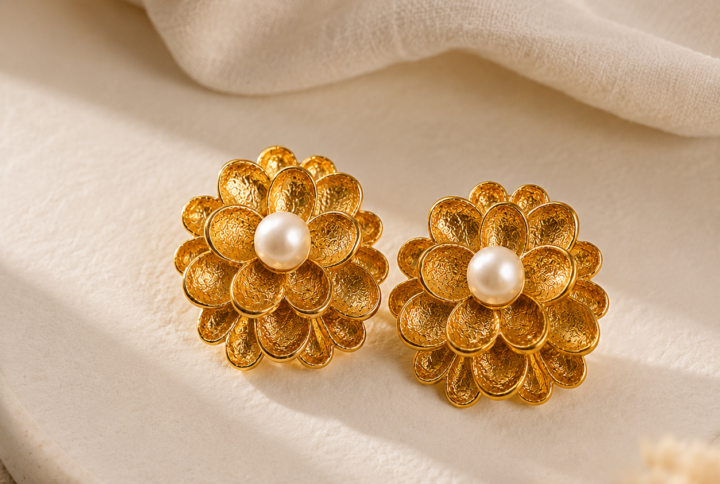 A pair of textured gold floral stud earrings with central faux pearls, displayed on a clean white background — House of Ruhira