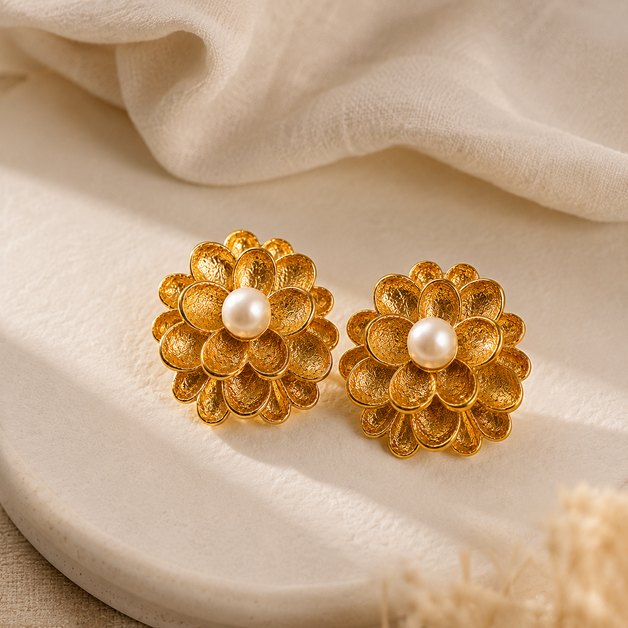 A pair of textured gold floral stud earrings with central faux pearls, displayed on a clean white background — House of Ruhira