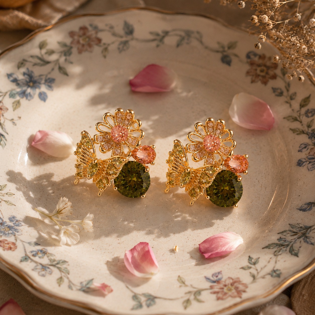 Flat lay styling of gold-plated floral and butterfly stud earrings with olive green, peach, and clear cubic zirconia, arranged with delicate dried flowers and a silk scarf — House of Ruhira