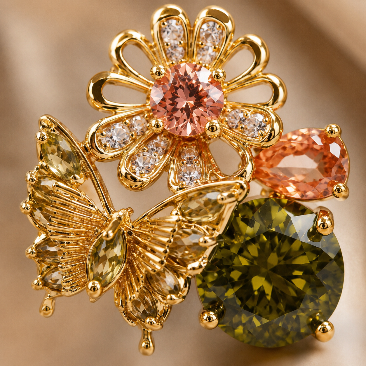 Extreme macro detail of a gold-plated floral and butterfly stud earring, showing the facets of olive green, peach, and clear cubic zirconia stones — House of Ruhira