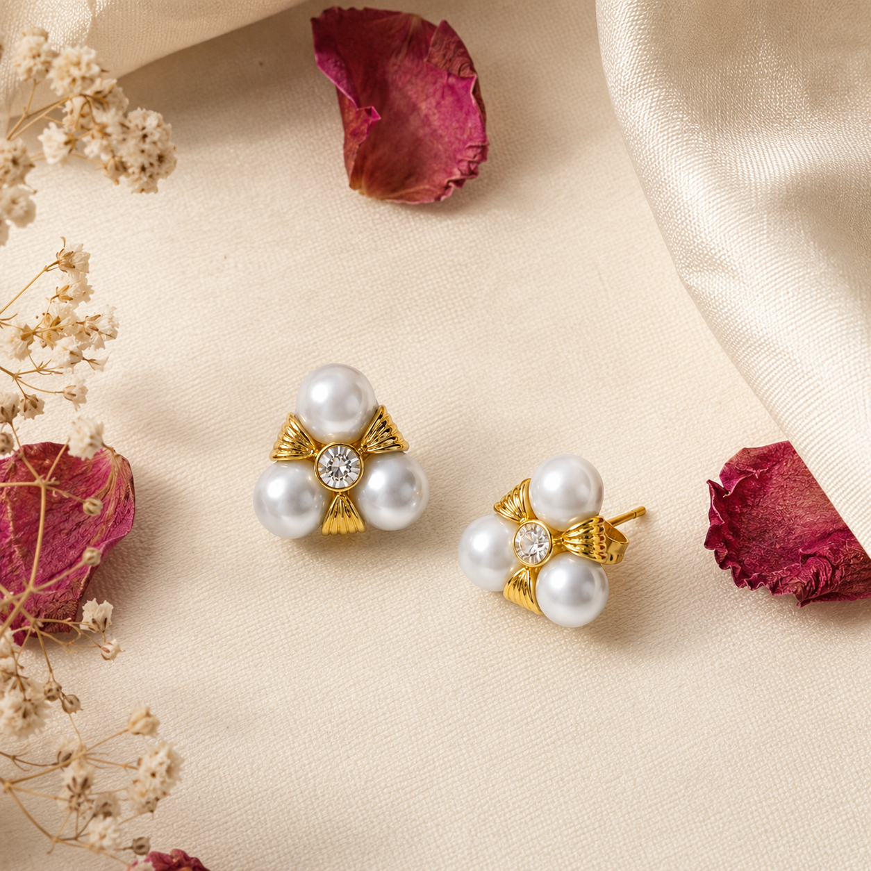 A flat lay styling of the Aura Pearl Cluster Studs, featuring a pair of gold-plated earrings with white imitation pearls and clear zircon crystals, arranged with complementary elegant props like silk fabric or a delicate flower — House of Ruhira