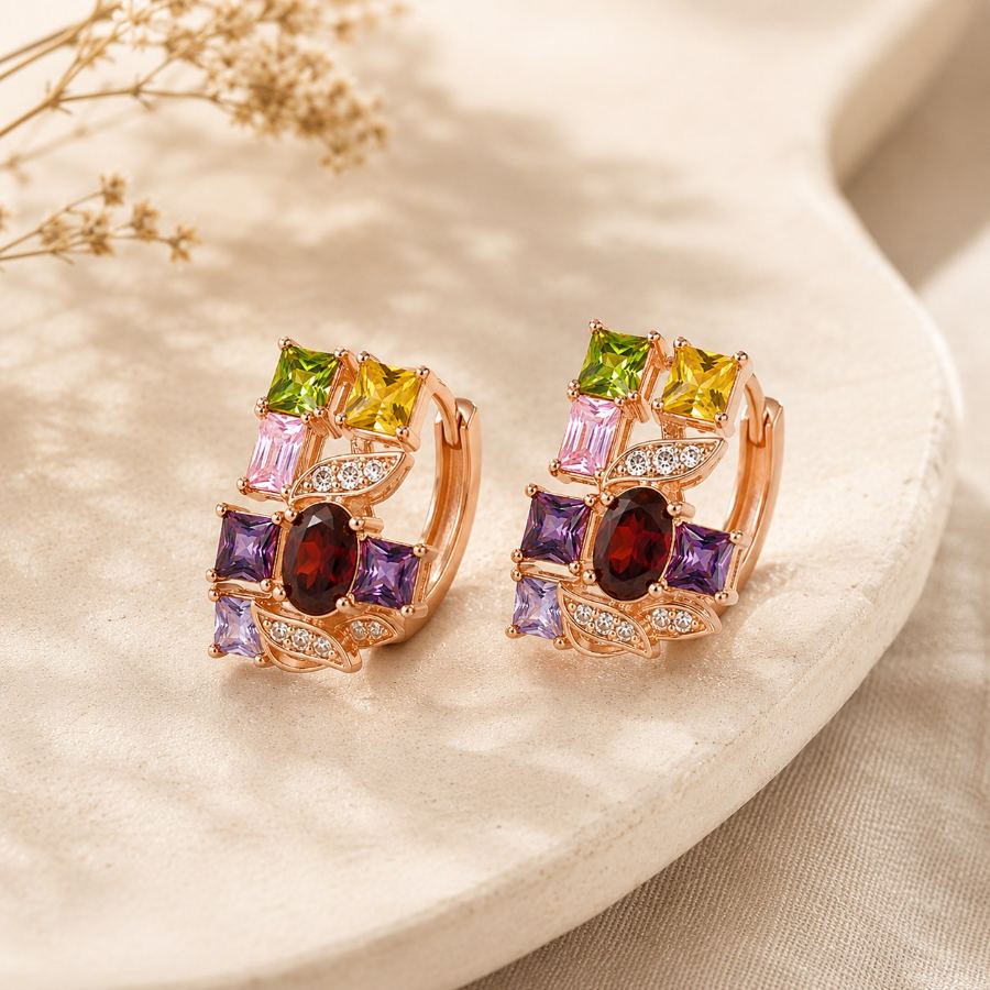 Flat lay styling of rose gold multi-coloured cubic zirconia cluster drop earrings with a silk scarf and a small clutch — House of Ruhira