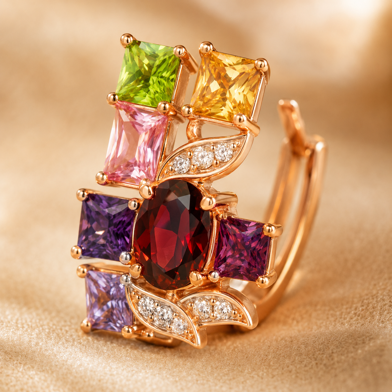 Extreme macro detail of the rose gold setting and individual multi-coloured cubic zirconia stones (red oval, purple, yellow, green, pink, clear) of the drop earrings — House of Ruhira