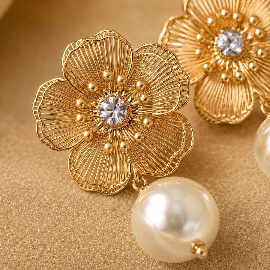 Extreme macro detail of the Golden Bloom Pearl Drop Earring showing intricate gold wirework petals, central clear crystal, and smooth pearl surface — House of Ruhira